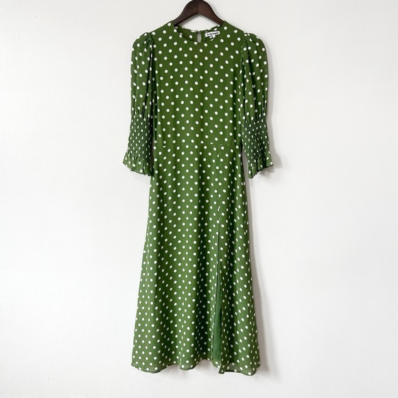 Reformation Carolena Polka Dot Midi Dress in Edamame Green - Picture 2 of 12